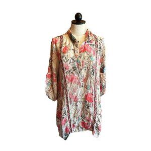 Tolani Silk Sz M Colorful Top Tunic 100% SILK V-Neck High-Lo Blouse Long Sleeve